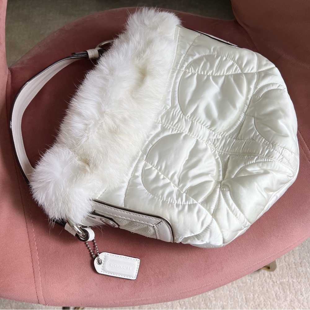 Coach White Satin Bag with Rabbit Fur Trim
